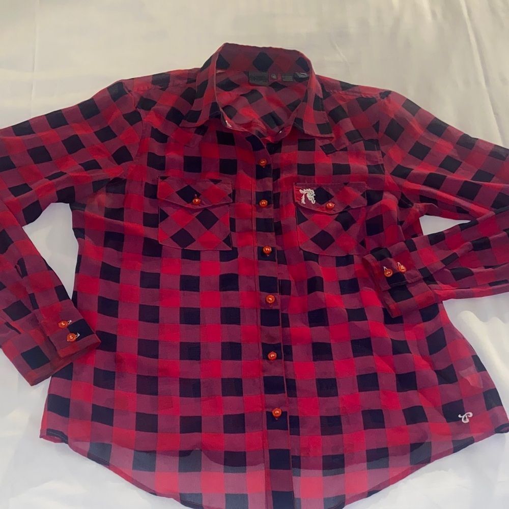Southern threads ladies Plaid sheer Button-Up Shirt           Size XL